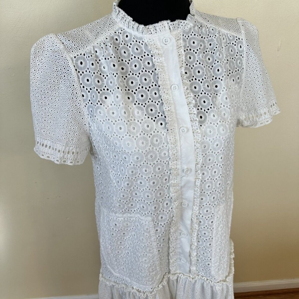 Me + Em Womens Dress White Floral Eyelet MIDI Short Sleeve Size 10 Cottagecore